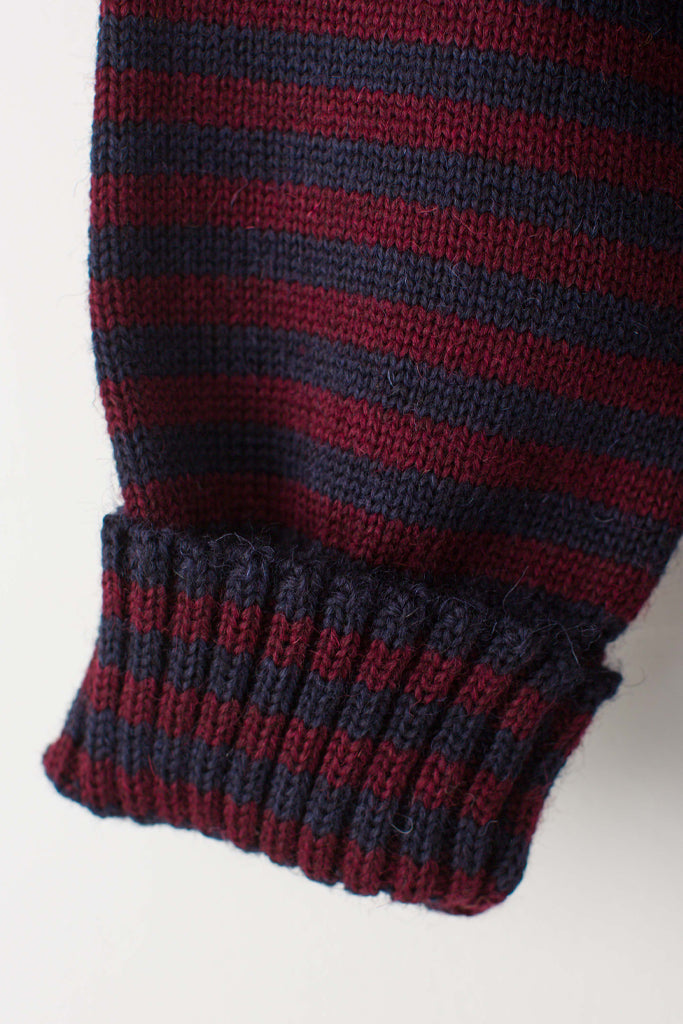 Open cuff detail on a Navy & Burgundy Striped Traditional Guernsey