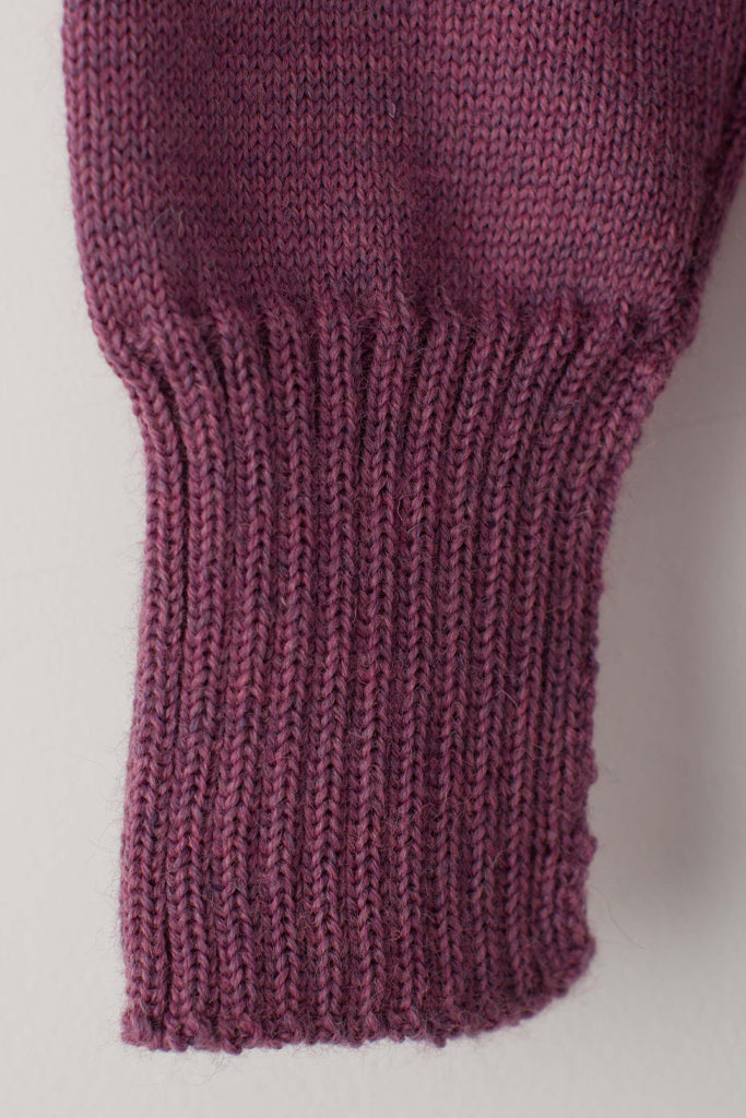 Open cuff detail detail on a Lupin Pink Traditional Guernsey