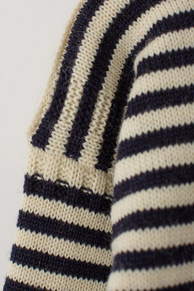 Close up of the sleeve detail on Aran & Navy Striped Oversized Slouchy Guernsey Jumper