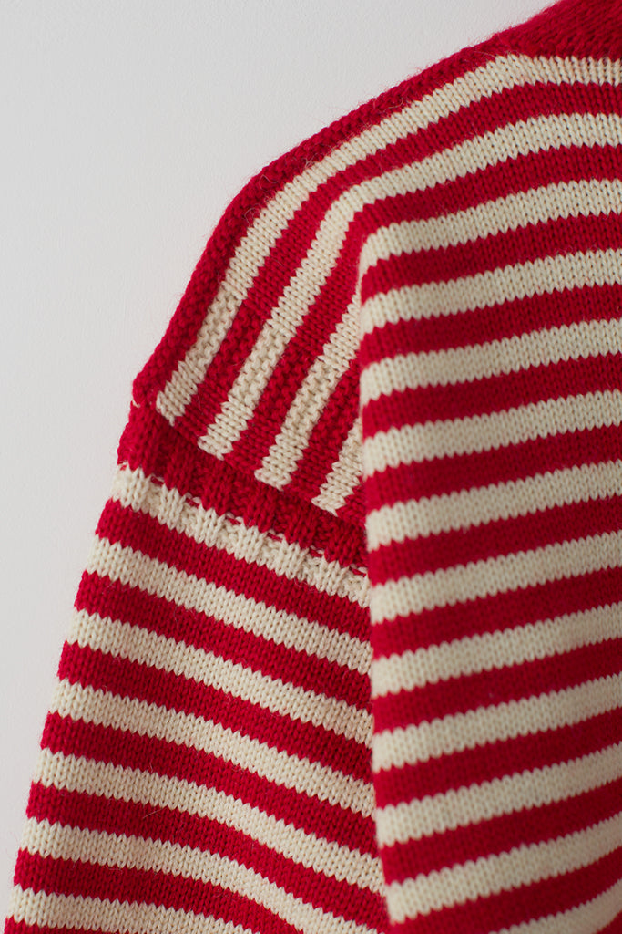 Sleeve detail on a Red & Aran Striped Traditional Guernsey