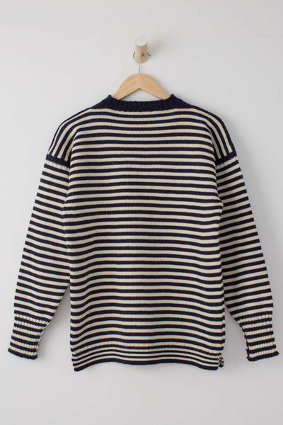 Navy and Cream striped guernsey on a wooden hanger