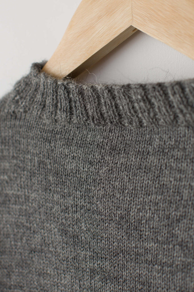 Neck detail on a Mid Grey Traditional Guernsey