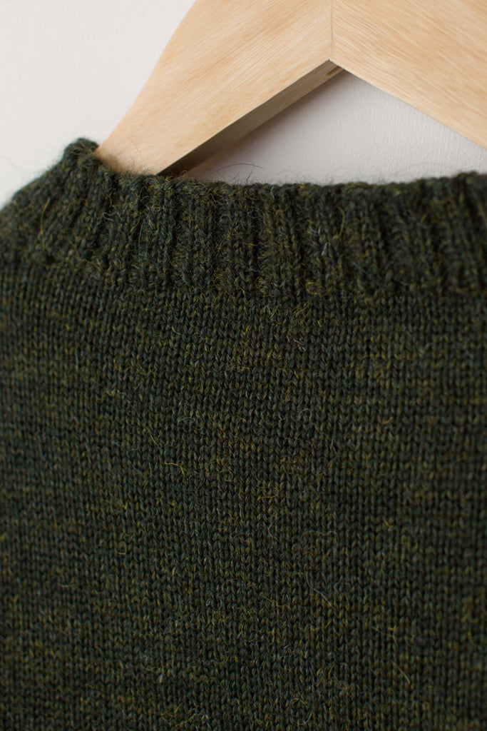 Neck detail on a Military Green Traditional Guernsey