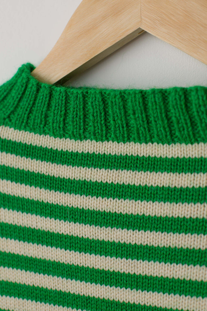 Neck detail on a Kelly Green & Aran Striped Traditional Guernsey