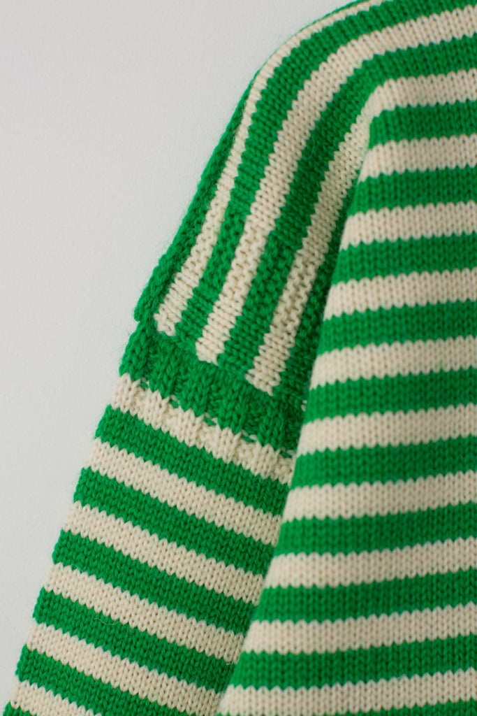 Sleeve detail on a Kelly Green & Aran Striped Traditional Guernsey