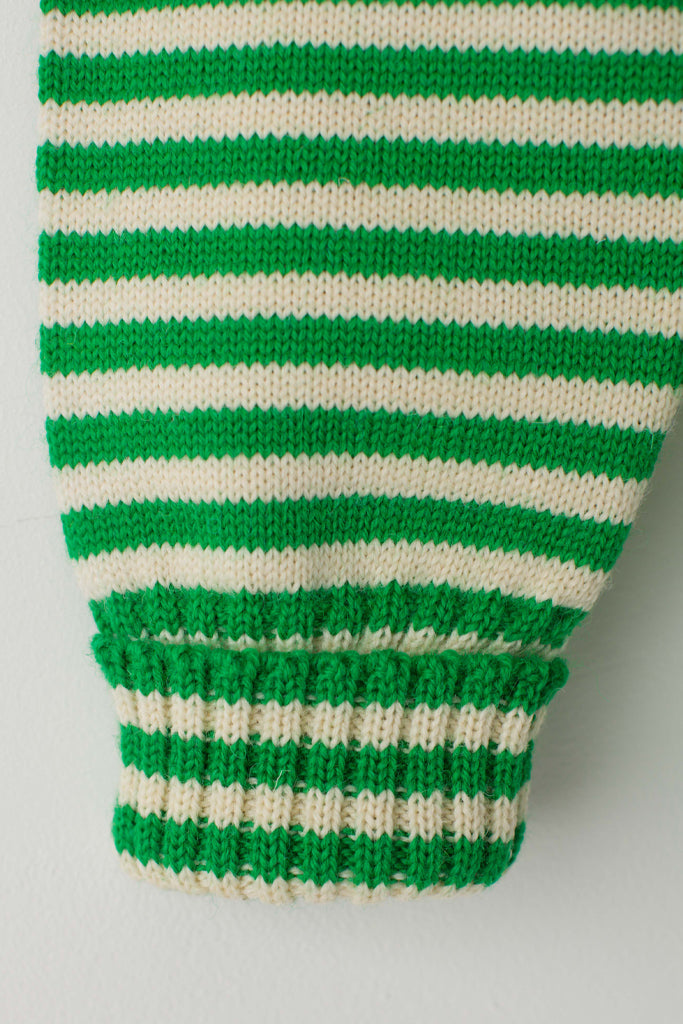 Folded cuff detail on a Kelly Green & Aran Striped Traditional Guernsey