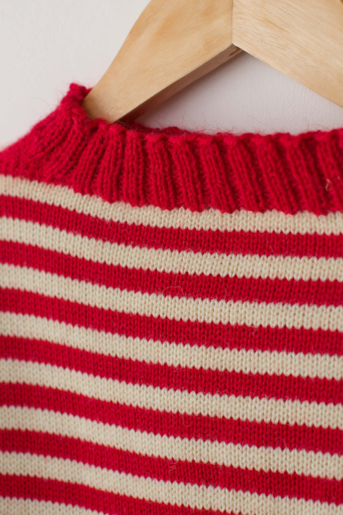 Neck detail on a Red & Aran Striped Traditional Guernsey