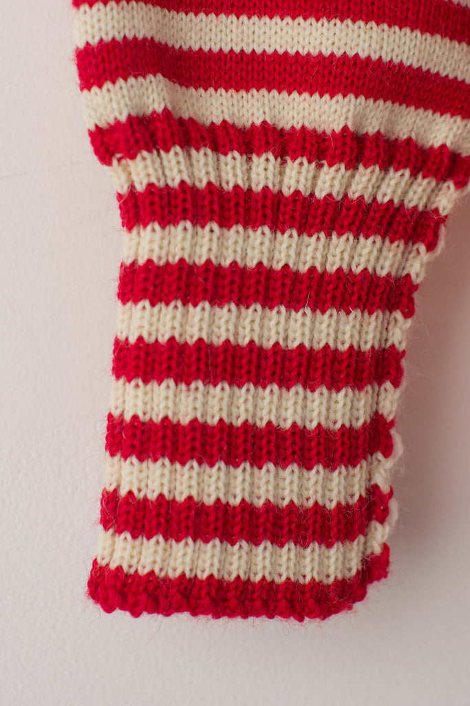 Open cuff detail on a Red & Aran Striped Traditional Guernsey