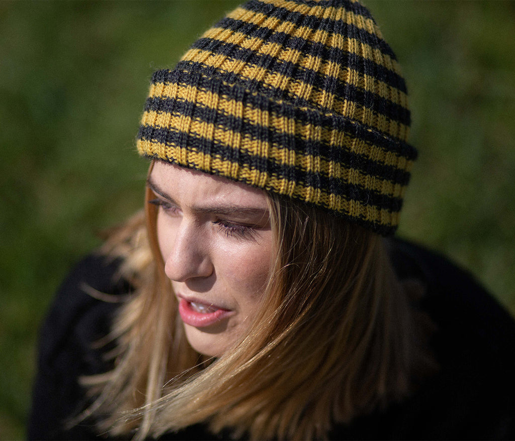 Charcoal & Mustard Yellow Striped Knitted Beanie
