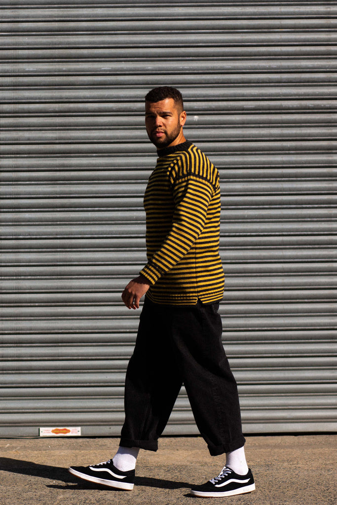 Men's Charcoal & Mustard Striped Traditional Guernsey Jumper
