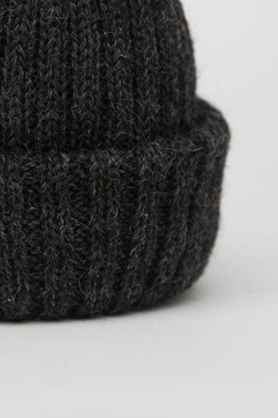 close up of Charcoal Grey shorter style beanie