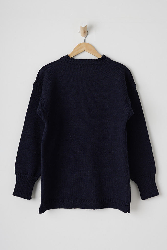 Traditional Guernsey with patterned shoulder sections.