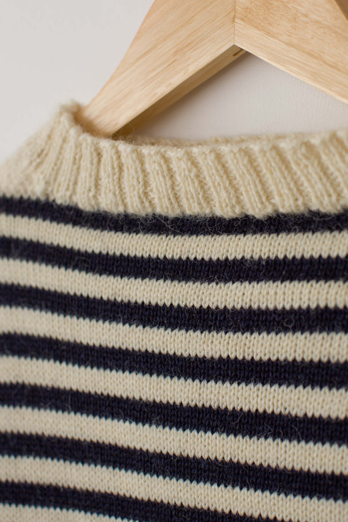 Neck detail on a Cream & Navy Striped Traditional Guernsey
