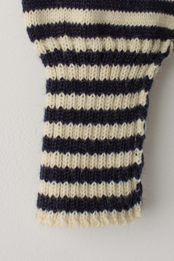 Open cuff detail on a Cream & Navy Striped Traditional Guernsey