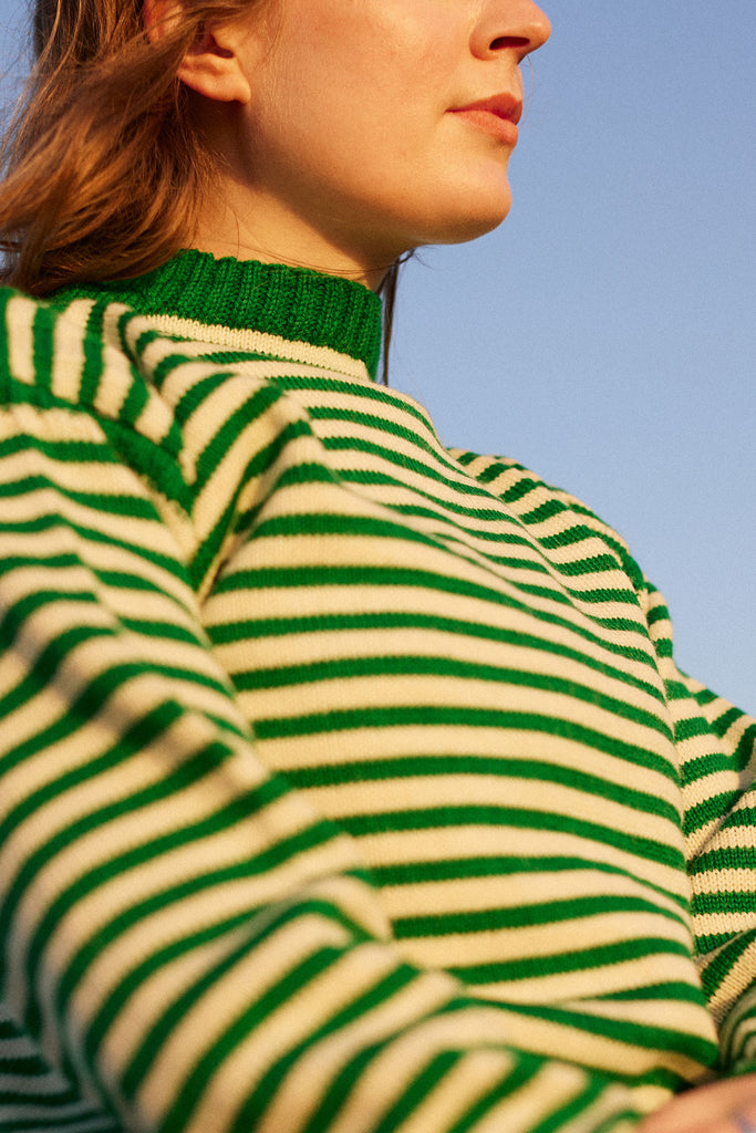 Women's Kelly Green & Aran Striped Traditional Guernsey Jumper