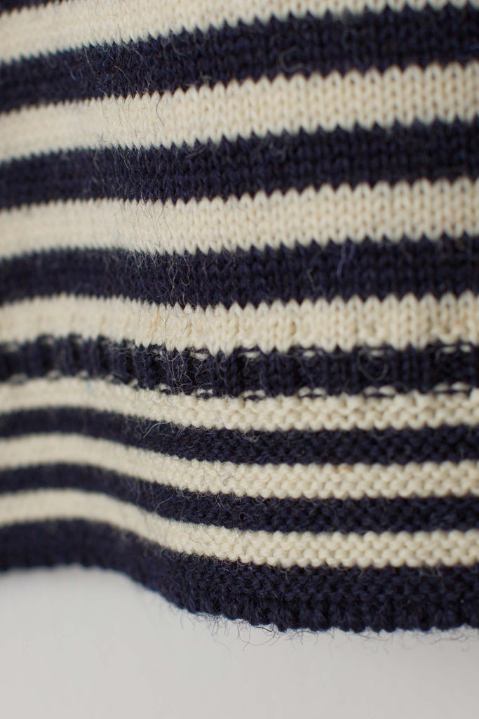 Hem detail on a Navy & Cream Striped Traditional Guernsey