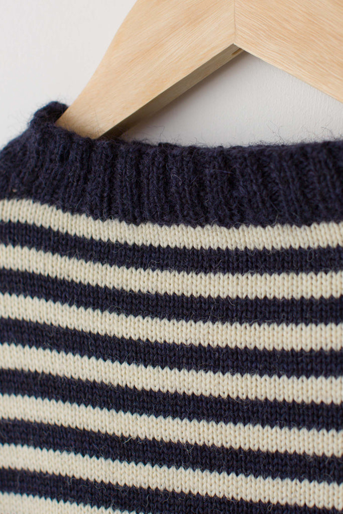 Neck detail on a Navy & Cream Striped Traditional Guernsey