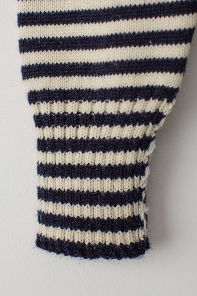 Open cuff detail on a Navy & Cream Striped Traditional Guernsey 