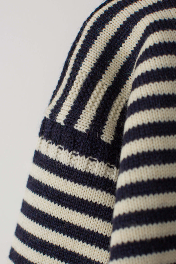 Sleeve detail on a  Navy & Cream Striped Traditional Guernsey 