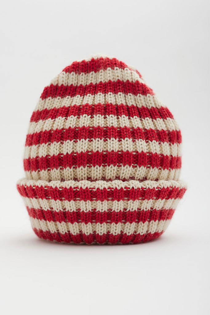 Red & Aran Striped Knitted Beanie